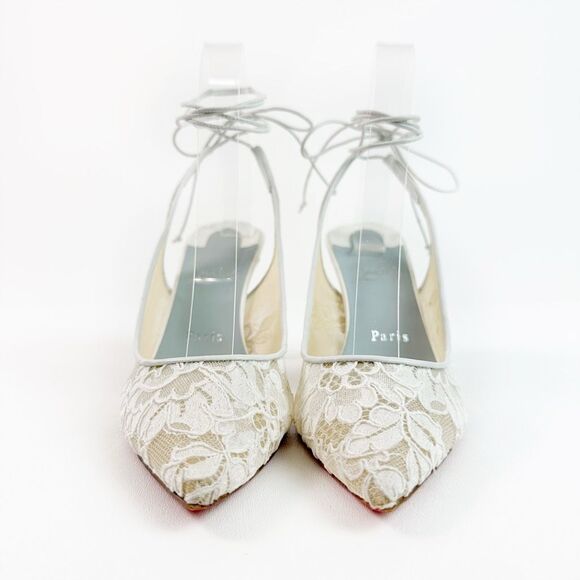 CHRISTIAN LOUBOUTIN White Kate Lace Pumps Size 38 US 8 Lace Up Satin Trim Heels - Picture 7 of 15